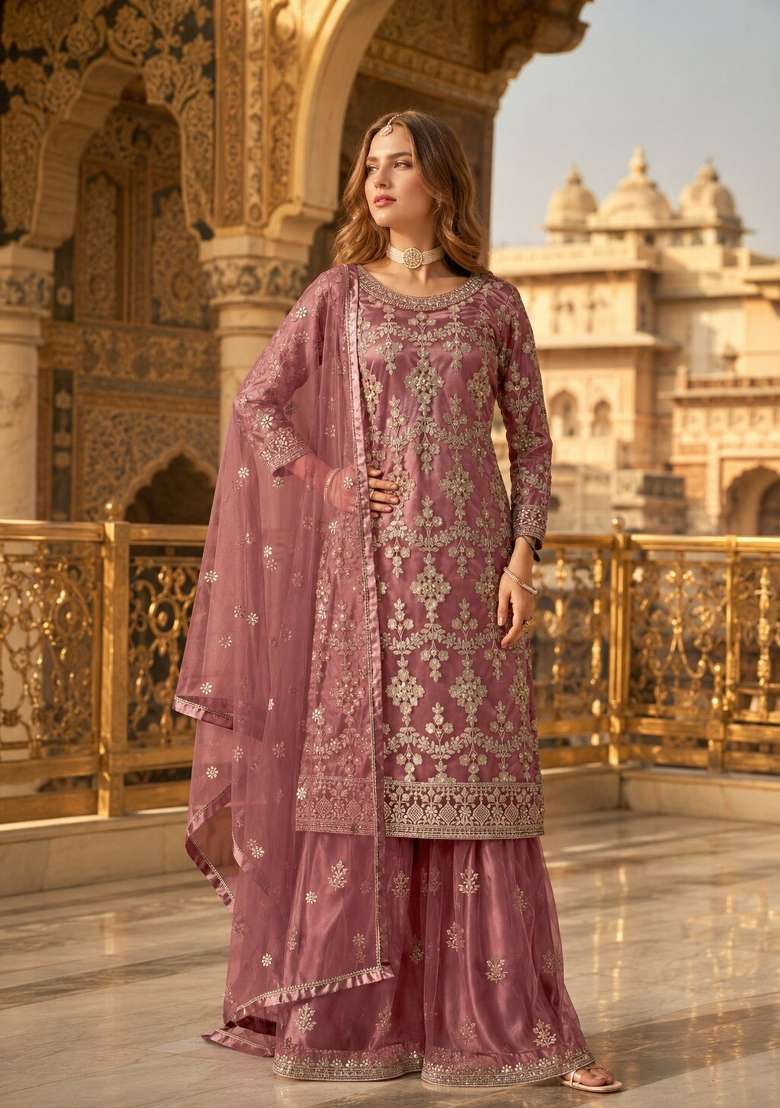 Brown Embroidery Net Palazzo Set - Indya