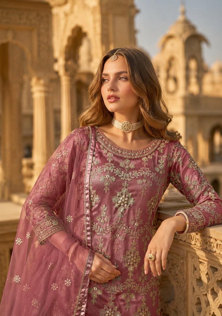 Brown Embroidery Net Palazzo Set - Indya