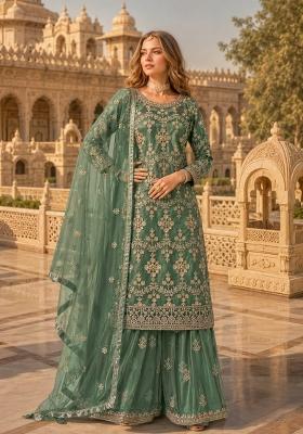 Green Embroidery Net Palazzo Set