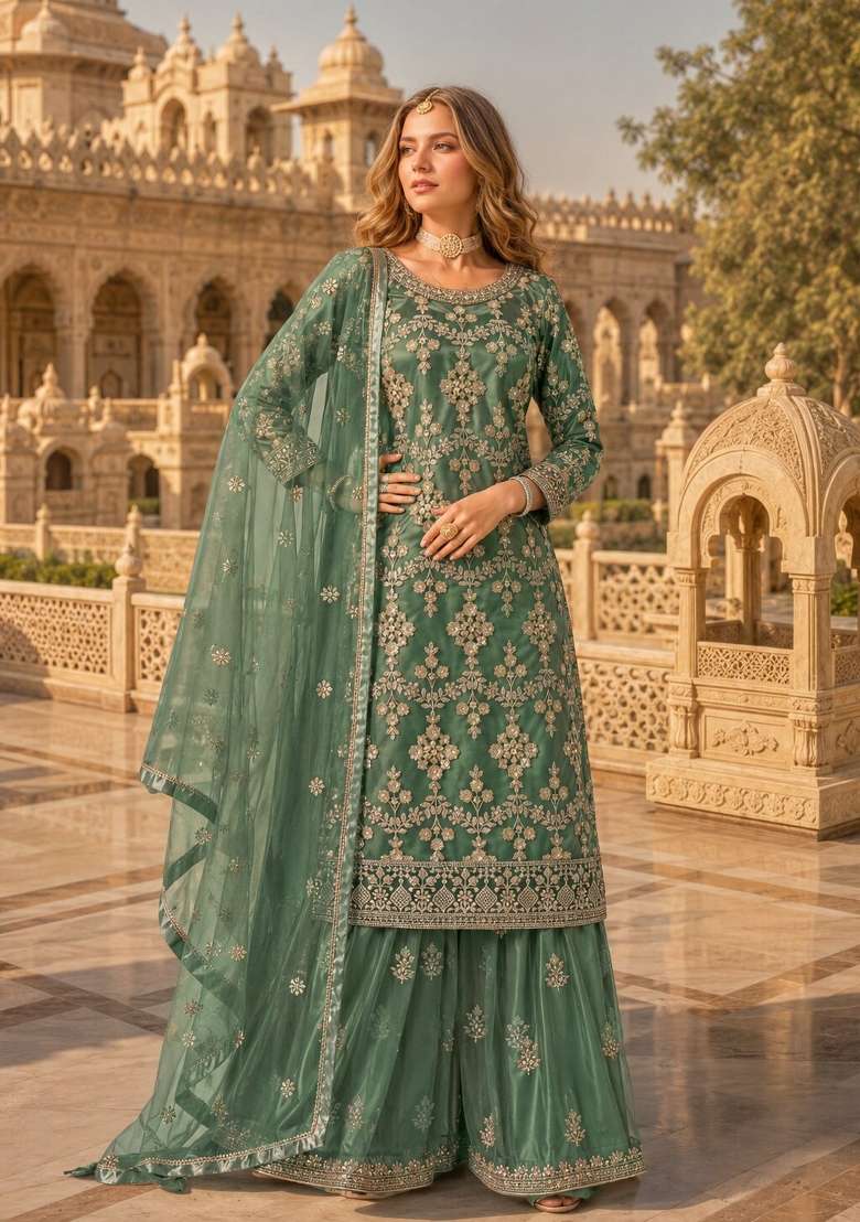 Green Embroidery Net Palazzo Set - Indya