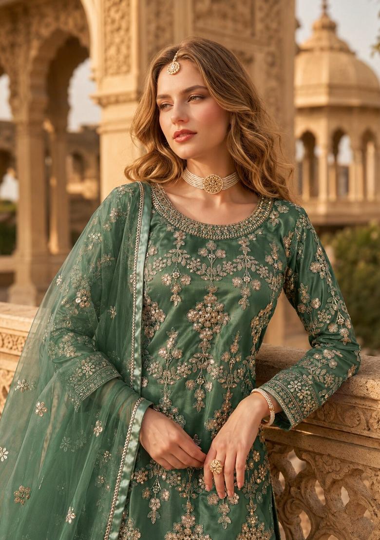 Green Embroidery Net Palazzo Set - Indya