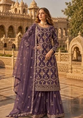 Purple Embroidery Net Palazzo Set