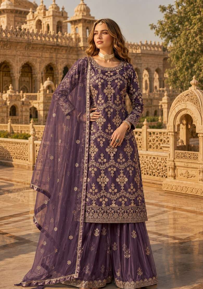 Purple Embroidery Net Palazzo Set - Indya