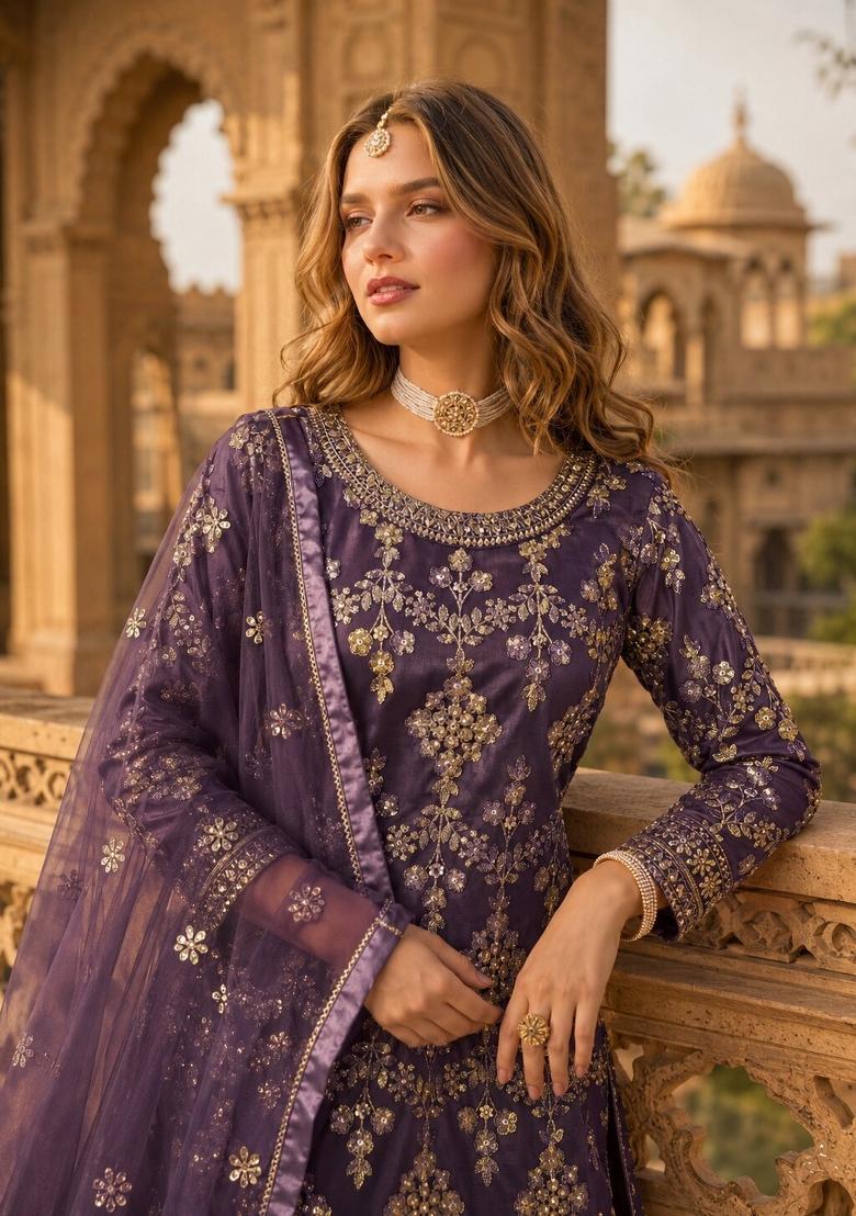 Purple Embroidery Net Palazzo Set - Indya