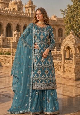 Teal Blue Embroidery Net Palazzo Set