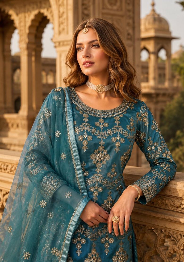 Teal Blue Embroidery Net Palazzo Set - Indya