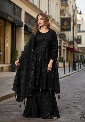 Black Sequin Work Net Kurta Set