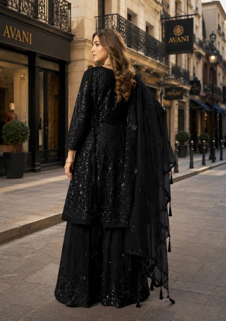 Black Sequin Work Net Kurta Set - Indya