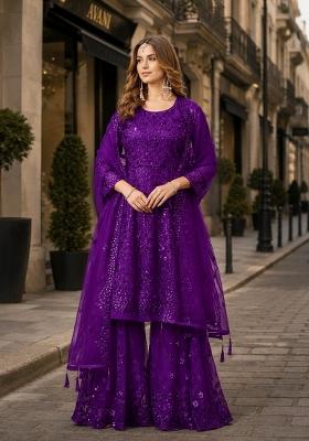 Violet Sequin Work Net Kurta Set