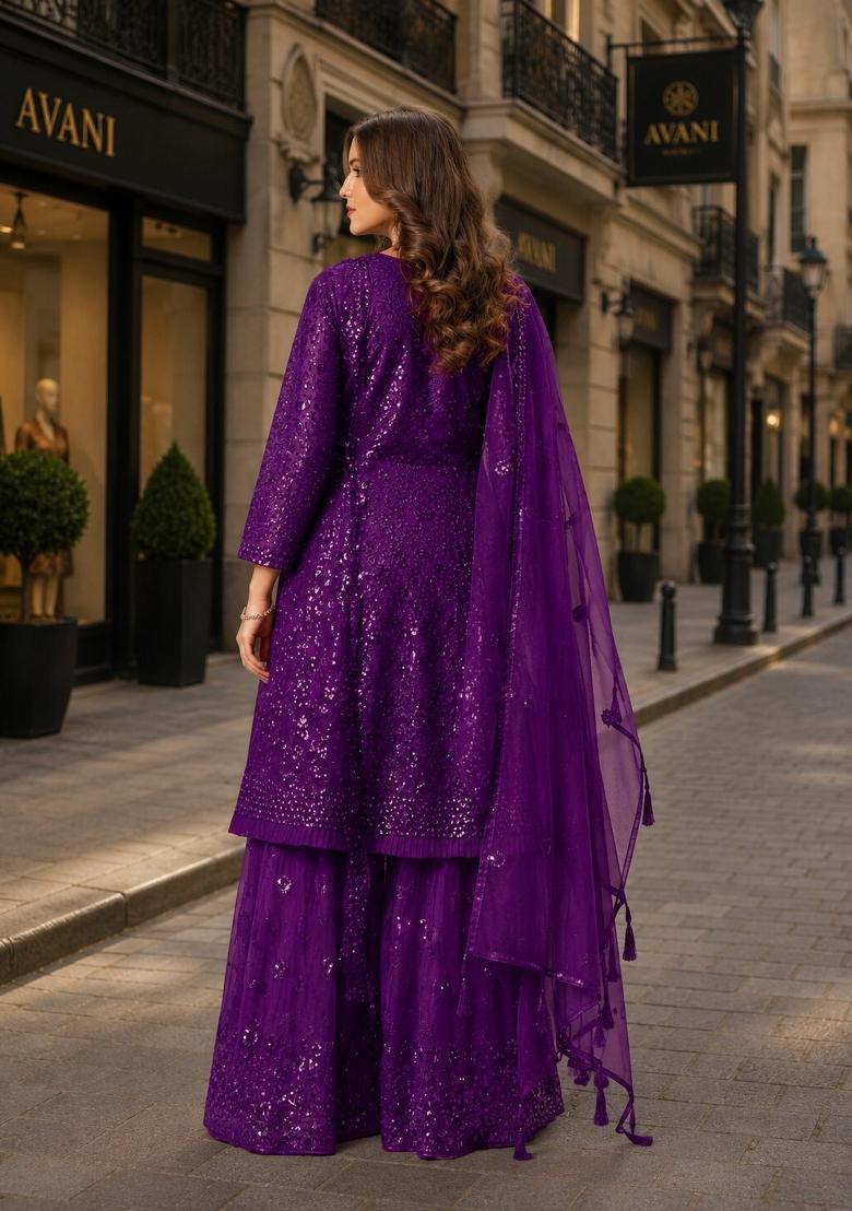 Violet Sequin Work Net Kurta Set - Indya
