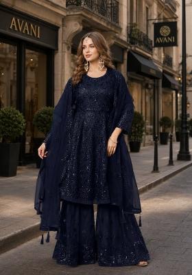 Navy Blue Sequin Work Net Kurta Set