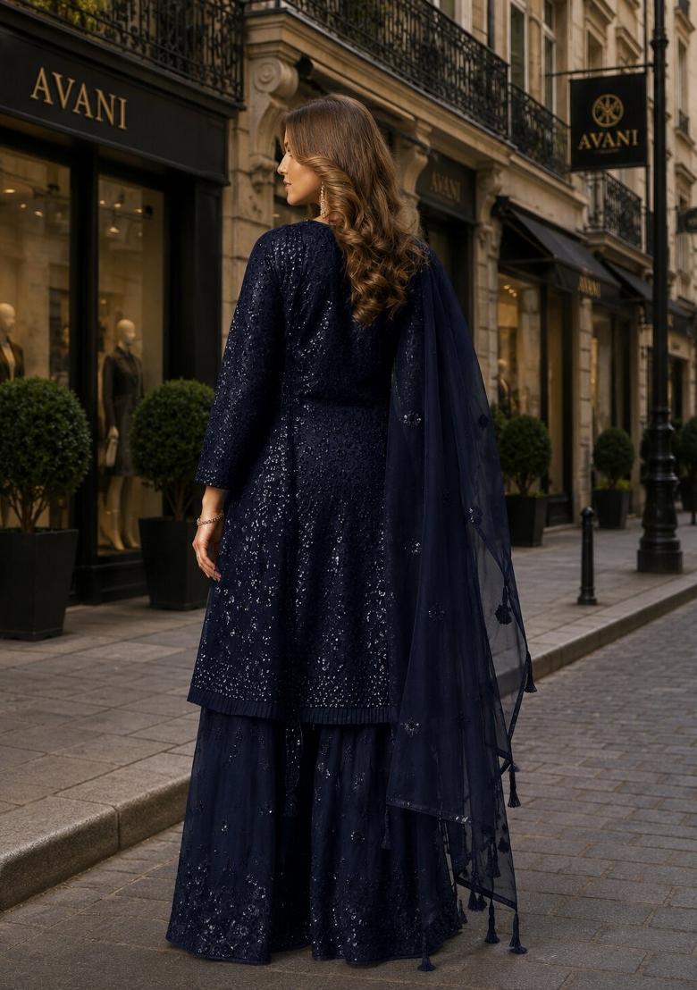 Navy Blue Sequin Work Net Kurta Set - Indya