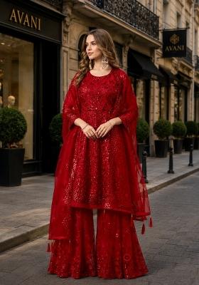 Red Sequin Work Net Kurta Set