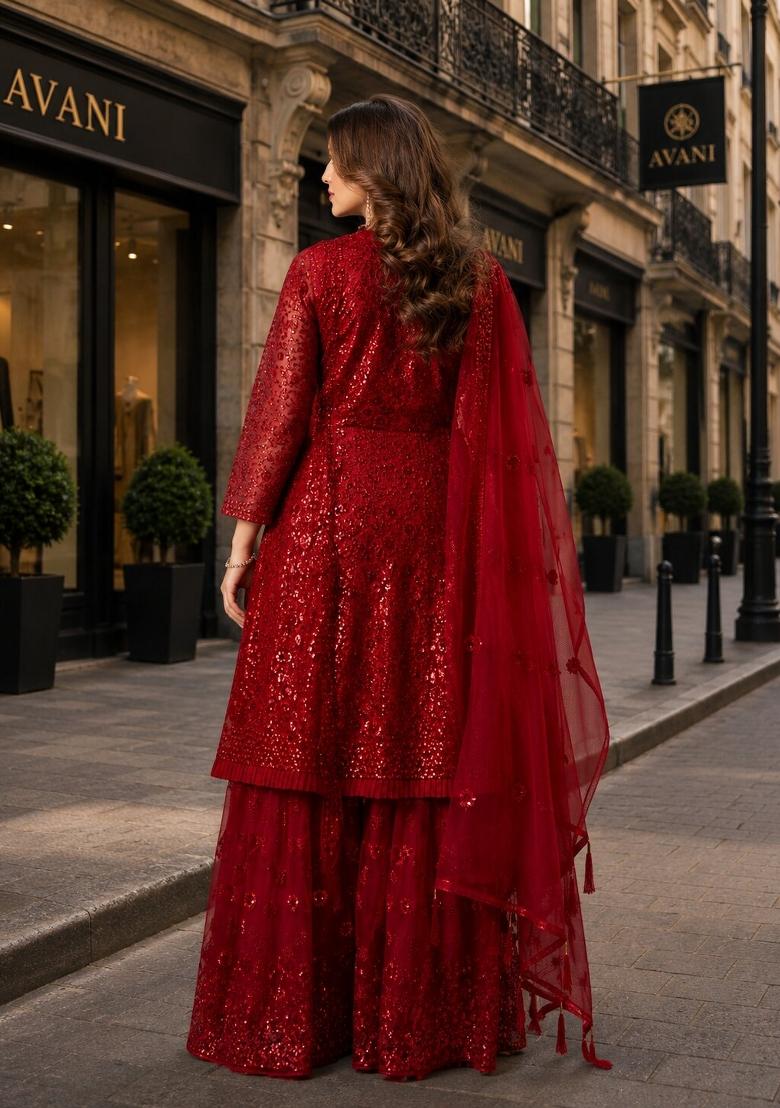 Red Sequin Work Net Kurta Set - Indya