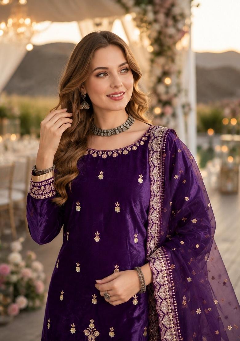 Violet Embroidery Velvet Kurta Set - Indya