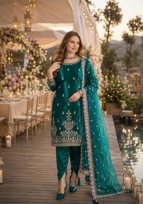 Teal Blue Embroidery Velvet Kurta Set
