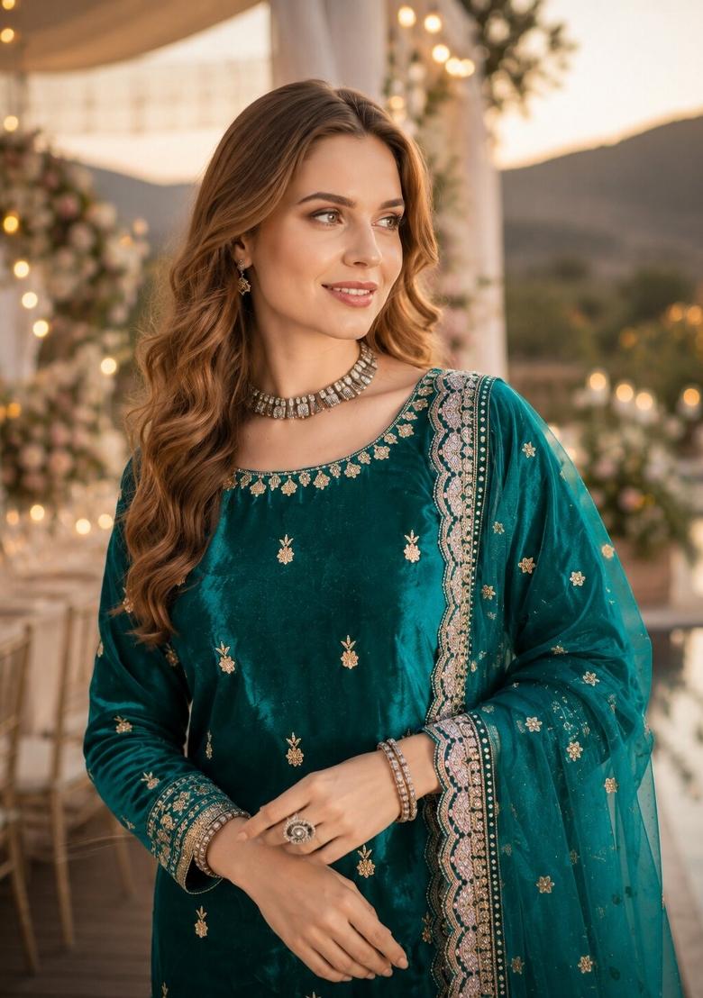 Teal Blue Embroidery Velvet Kurta Set - Indya