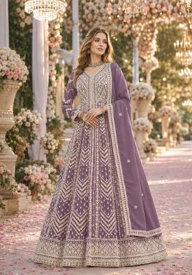 Purple Embroidery Georgette Anarkali Set