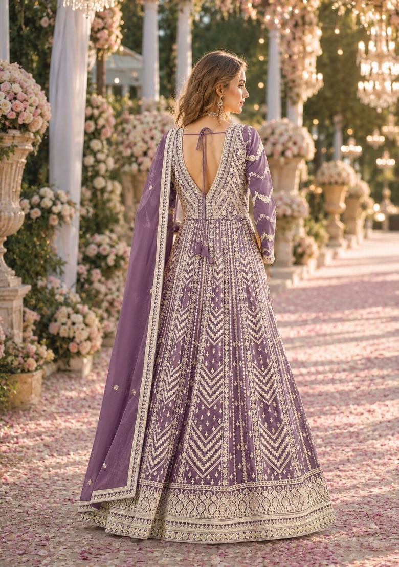 Purple Embroidery Georgette Anarkali Set - Indya
