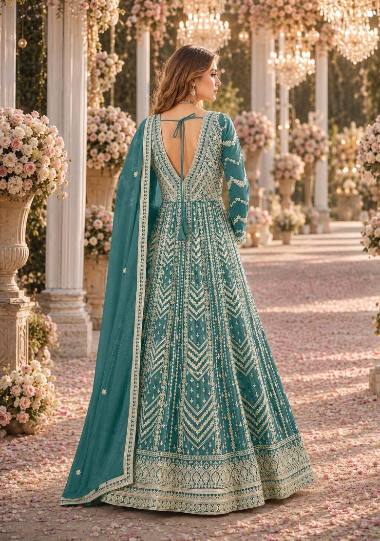 Light Blue Embroidery Georgette Anarkali Set - Indya