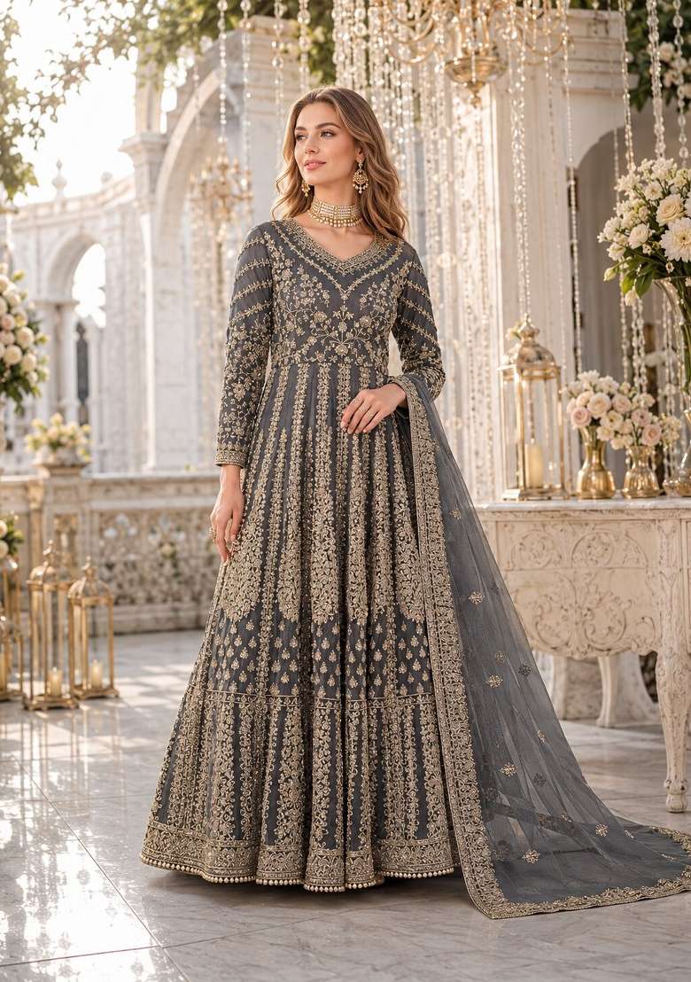 Grey Embroidery Net Anarkali Set - Indya