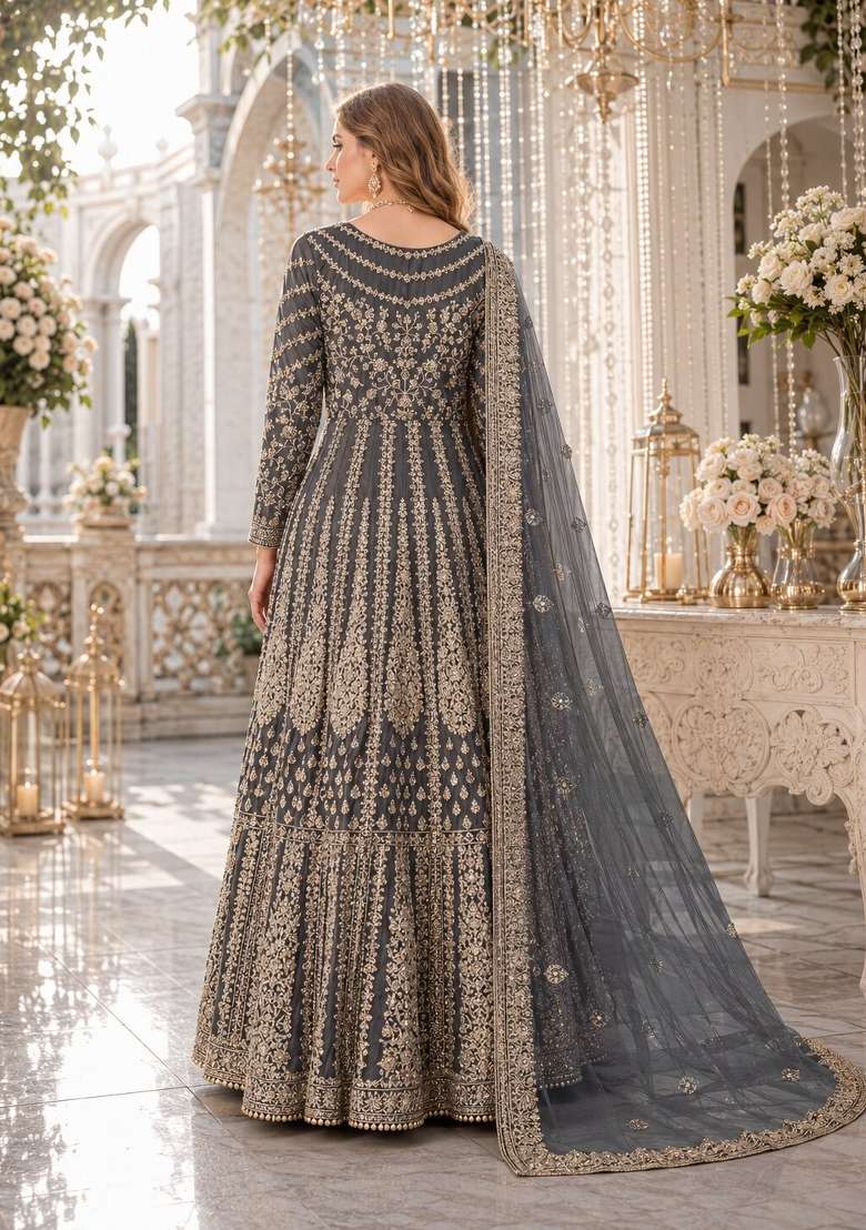 Grey Embroidery Net Anarkali Set - Indya