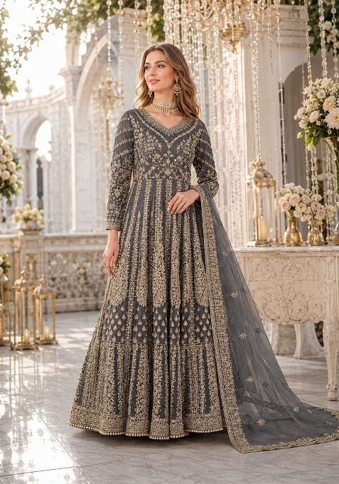 Grey Embroidery Net Anarkali Set