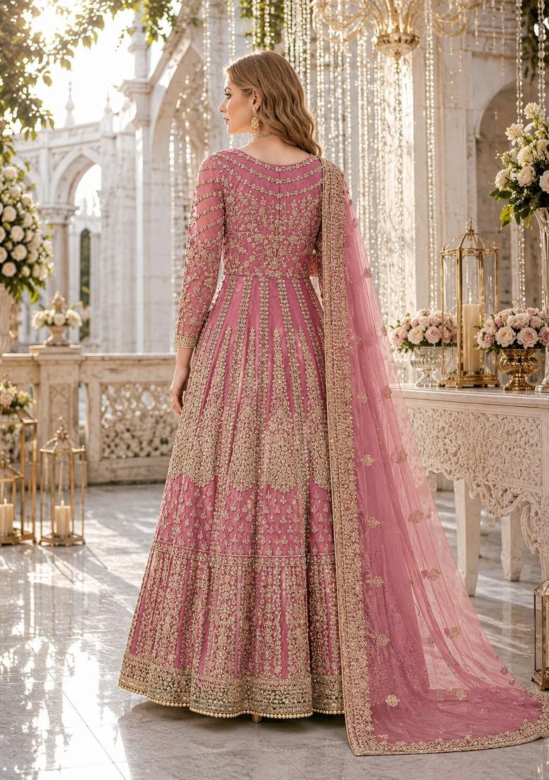 Light Purple Embroidery Net Anarkali Set - Indya