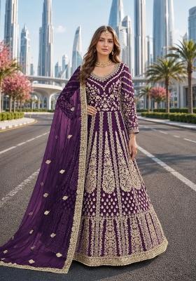 Purple Embroidery Net Anarkali Set