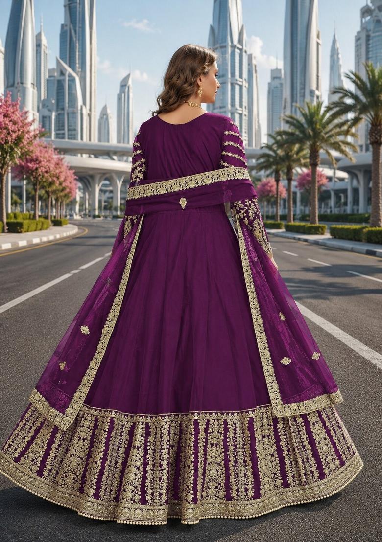 Purple Embroidery Net Anarkali Set - Indya