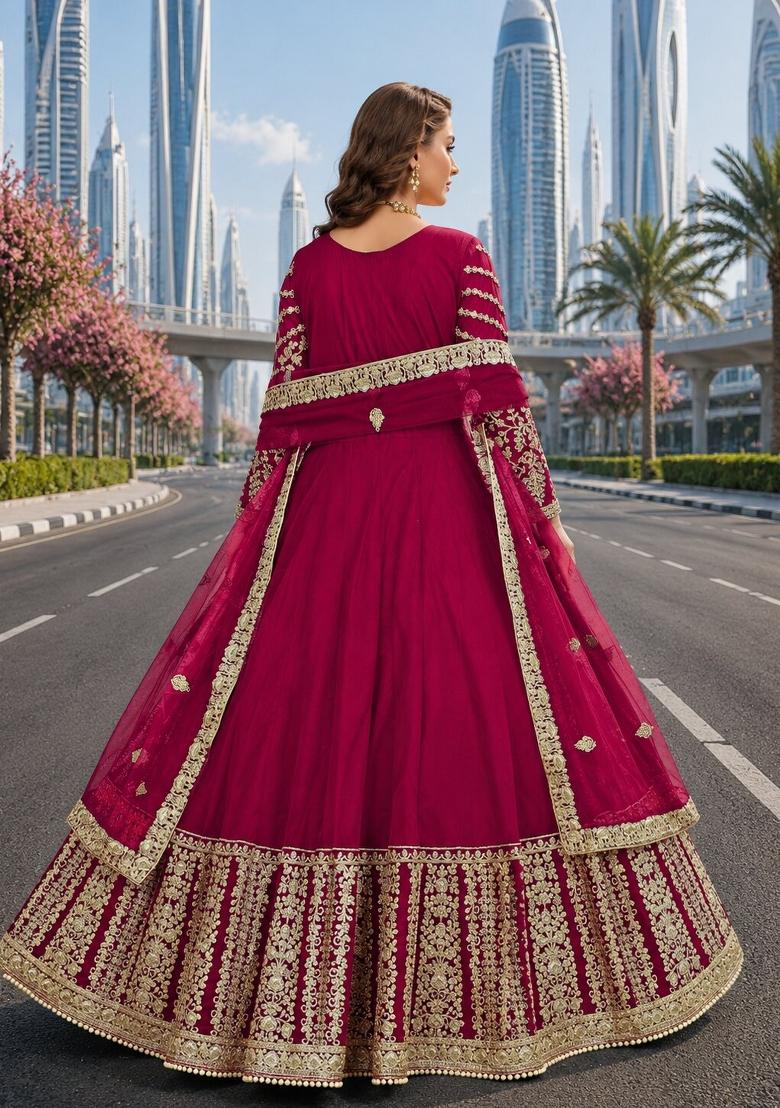 Pink Embroidery Net Anarkali Set - Indya