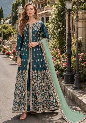 Teal Embroidery Silk Anarkali Set