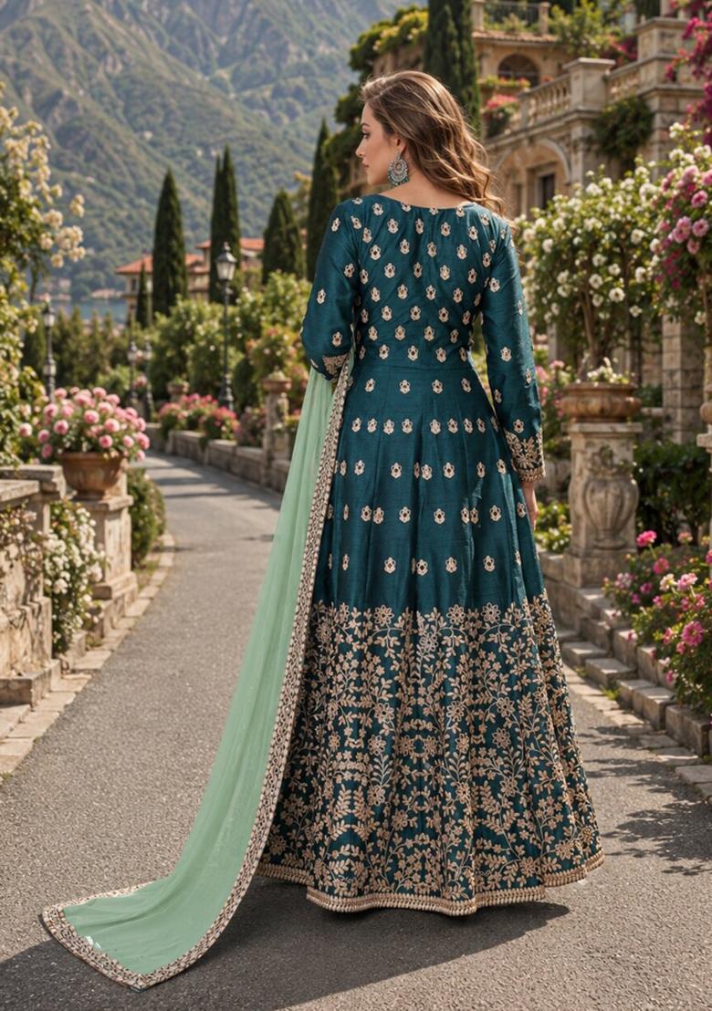 Teal Embroidery Silk Anarkali Set - Indya