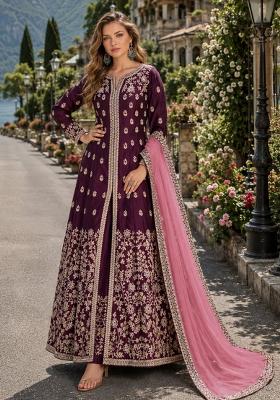 Purple Embroidery Silk Anarkali Set