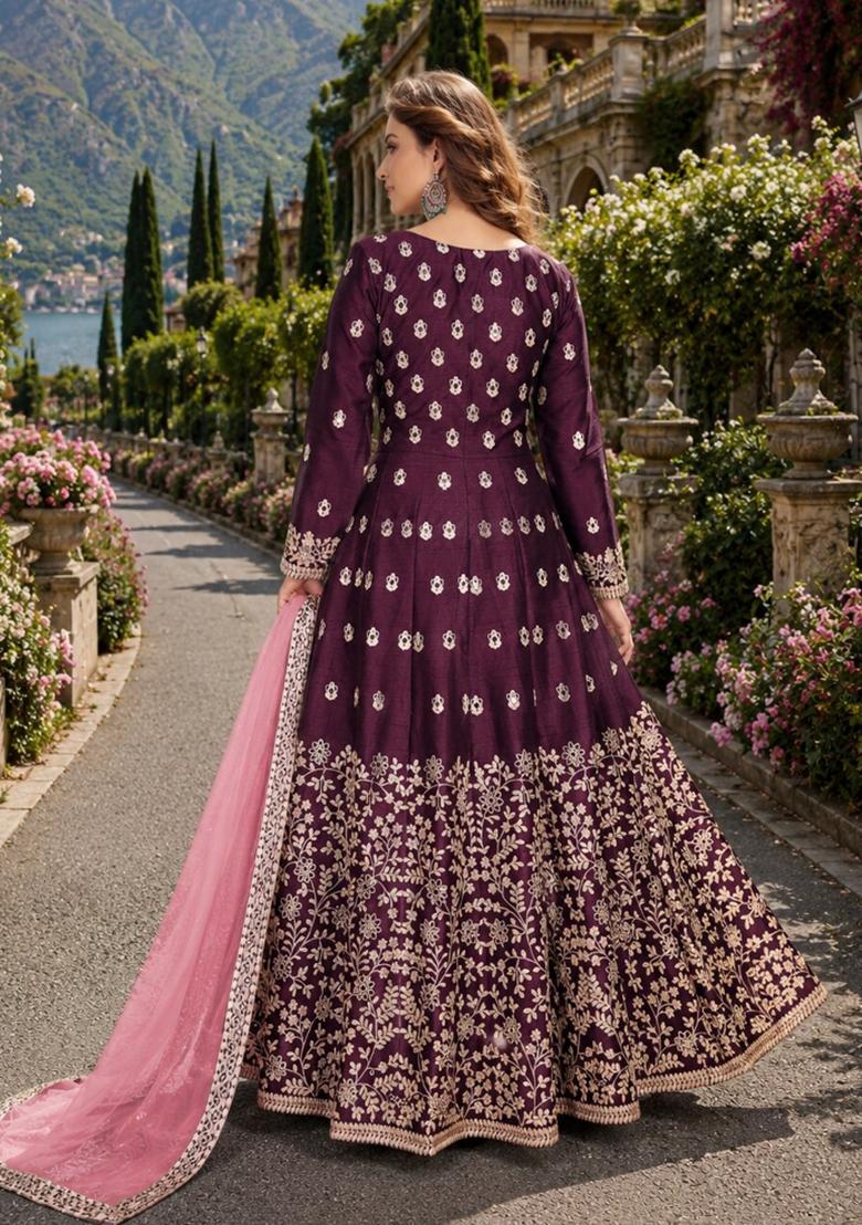 Purple Embroidery Silk Anarkali Set - Indya