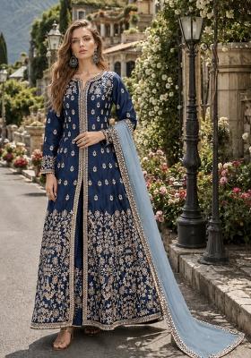 Navy Blue Embroidery Silk Anarkali Set