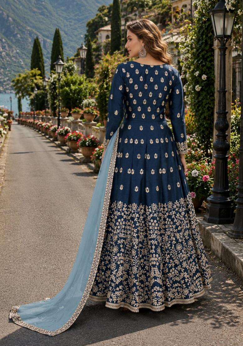 Navy Blue Embroidery Silk Anarkali Set - Indya