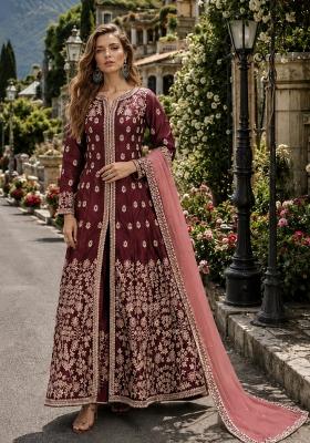 Maroon Embroidery Silk Anarkali Set