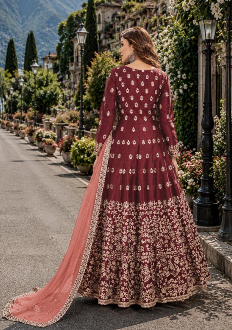Maroon Embroidery Silk Anarkali Set - Indya