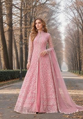 Pink Embroidery Net Anarkali Set