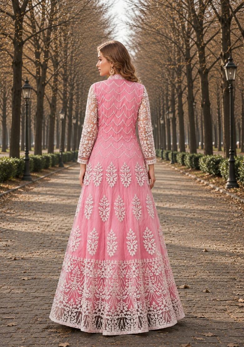 Pink Embroidery Net Anarkali Set - Indya
