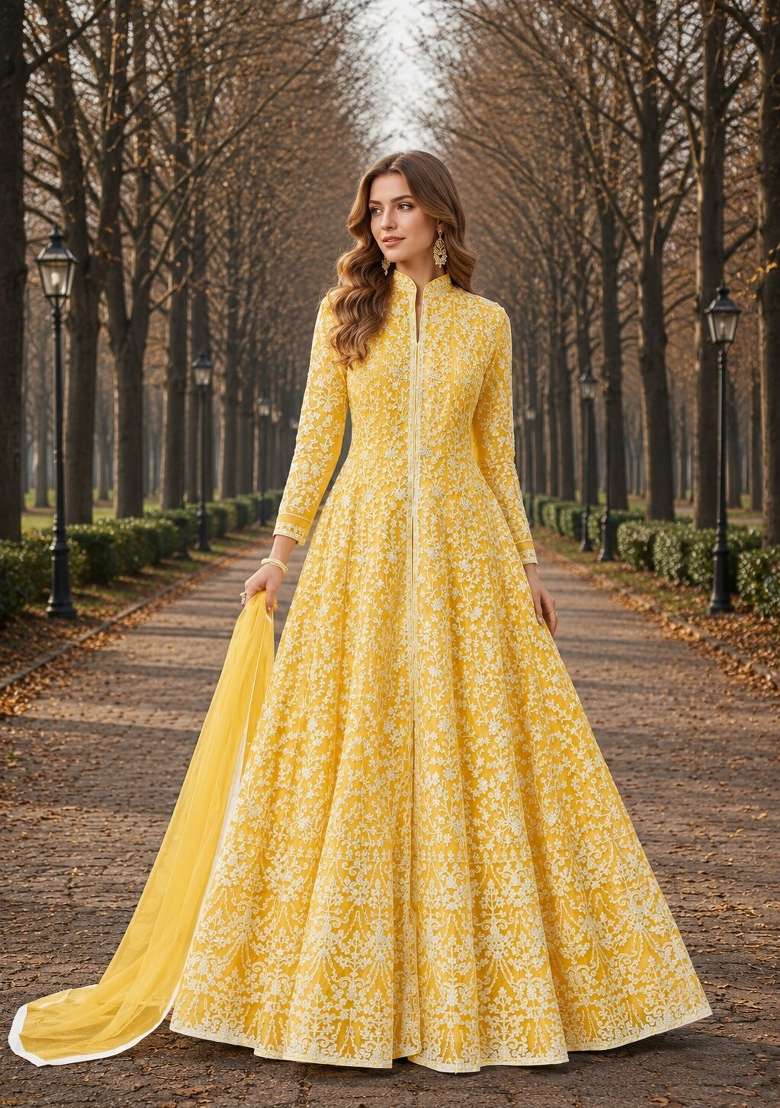 Yellow Embroidery Net Anarkali Set - Indya