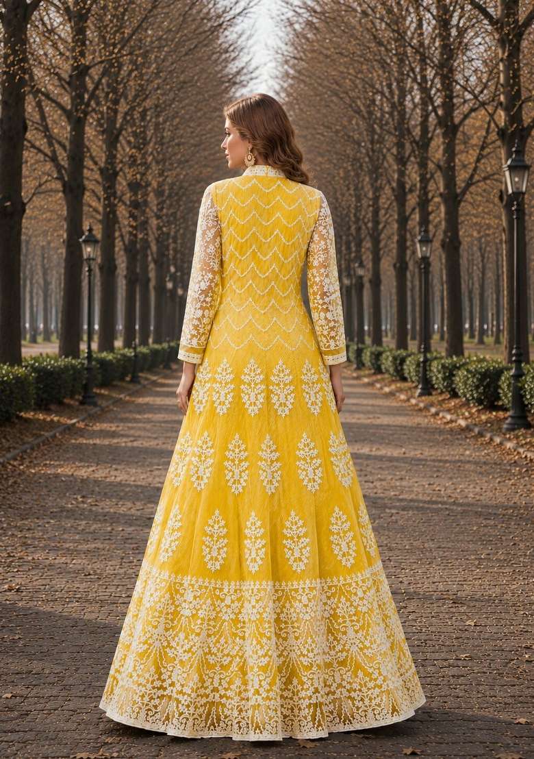 Yellow Embroidery Net Anarkali Set - Indya