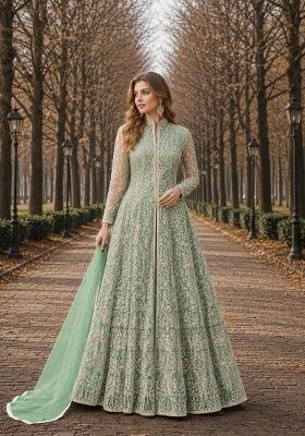 Light Green Embroidery Net Anarkali Set
