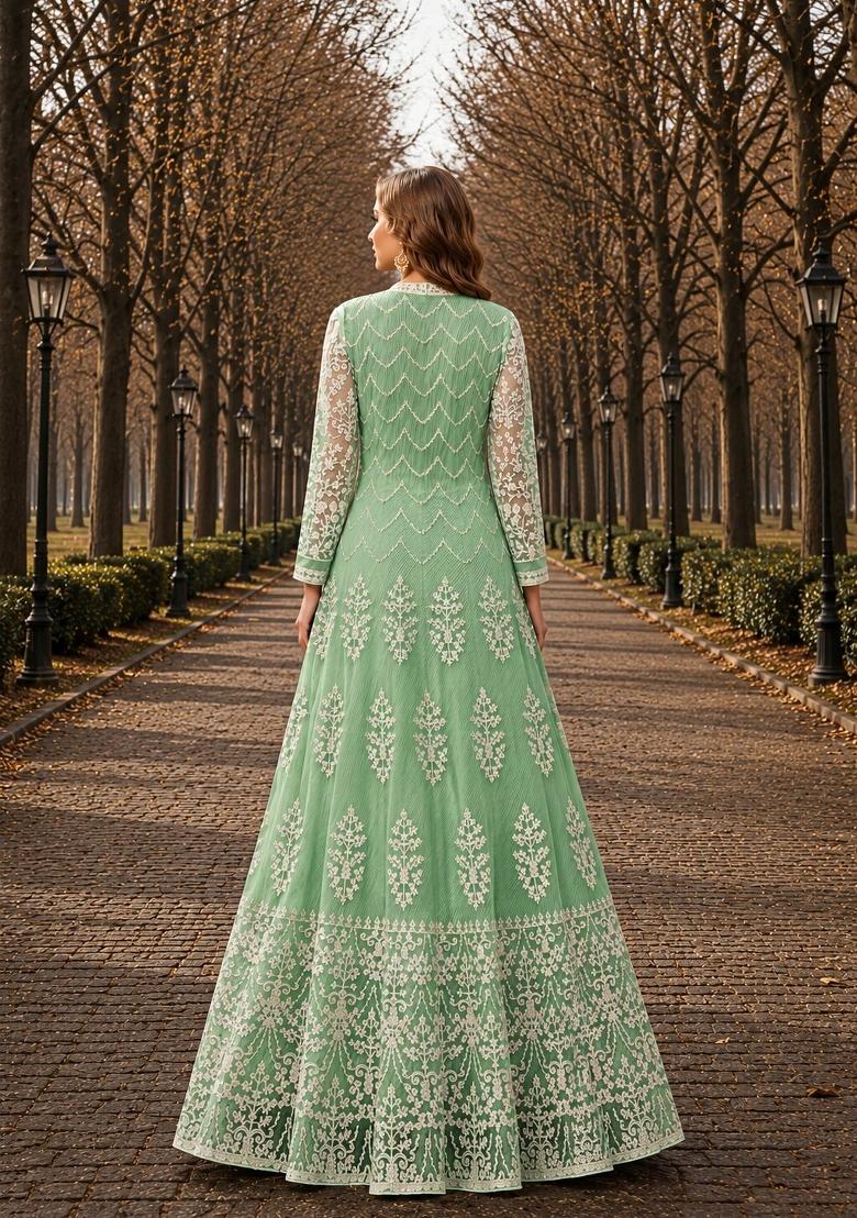Light Green Embroidery Net Anarkali Set - Indya