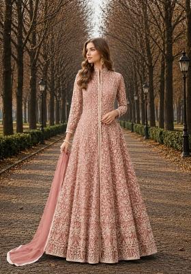 Peach Embroidery Net Anarkali Set