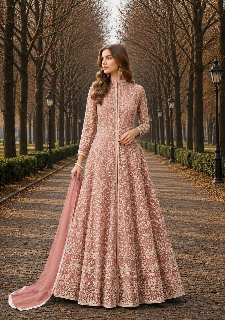 Peach Embroidery Net Anarkali Set - Indya