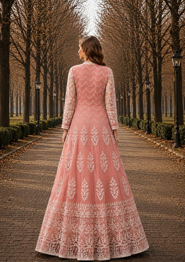Peach Embroidery Net Anarkali Set - Indya