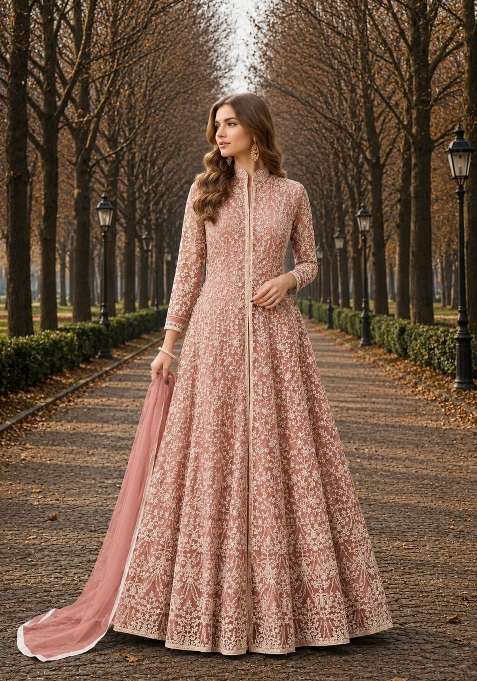 Peach Embroidery Net Anarkali Set