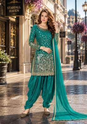 Teal Embroidery Silk Punjabi Suit Set